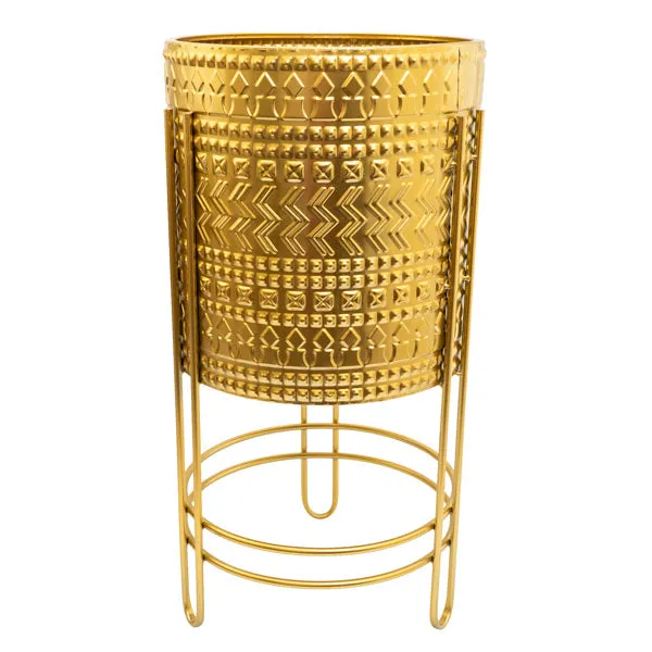 Luxurious Large Gold Embossed Metal Planter with Stand