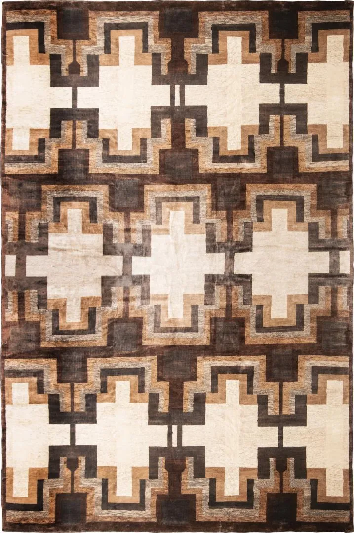 Luxury Geometric Pattern Beige Brown Area Rug sectional couch, U-shape sofa