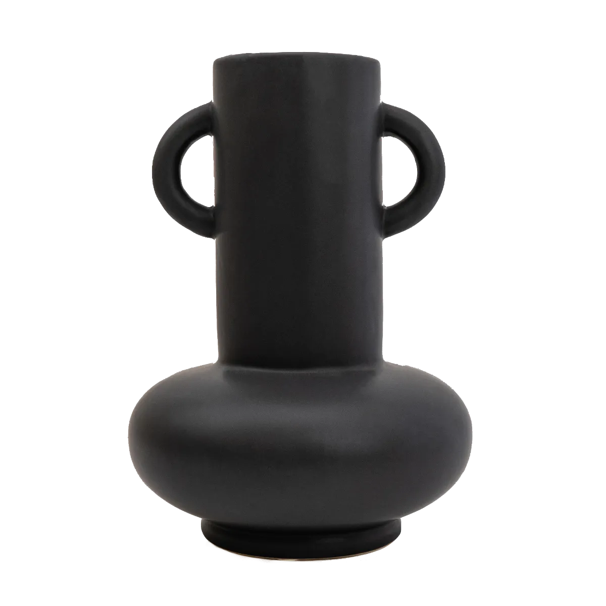 Matt Black Bulbous Vase with a Distinguished Long Neck and Handles