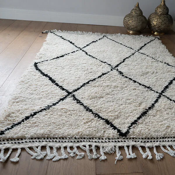 Medium Authentic Moroccan Berber Rug in Cream with a Black Cross Design