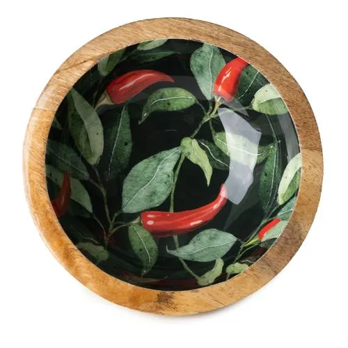 Medium Mango Wood Bowl with Chilli Enamel Print