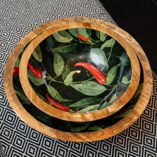 Medium Mango Wood Bowl with Chilli Enamel Print