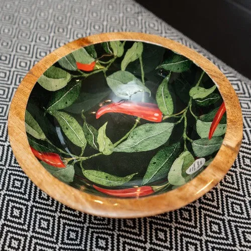 Medium Mango Wood Bowl with Chilli Enamel Print