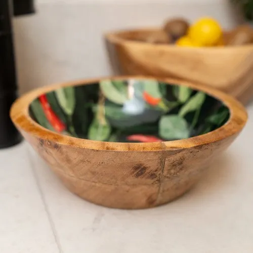 Medium Mango Wood Bowl with Chilli Enamel Print