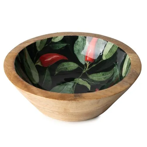 Medium Mango Wood Bowl with Chilli Enamel Print