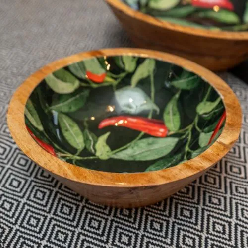 Medium Mango Wood Bowl with Chilli Enamel Print kitchen essentials, utensils set