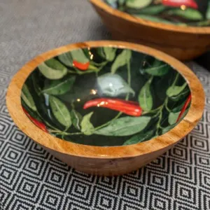 Medium Mango Wood Bowl with Chilli Enamel Print kitchen essentials, utensils set