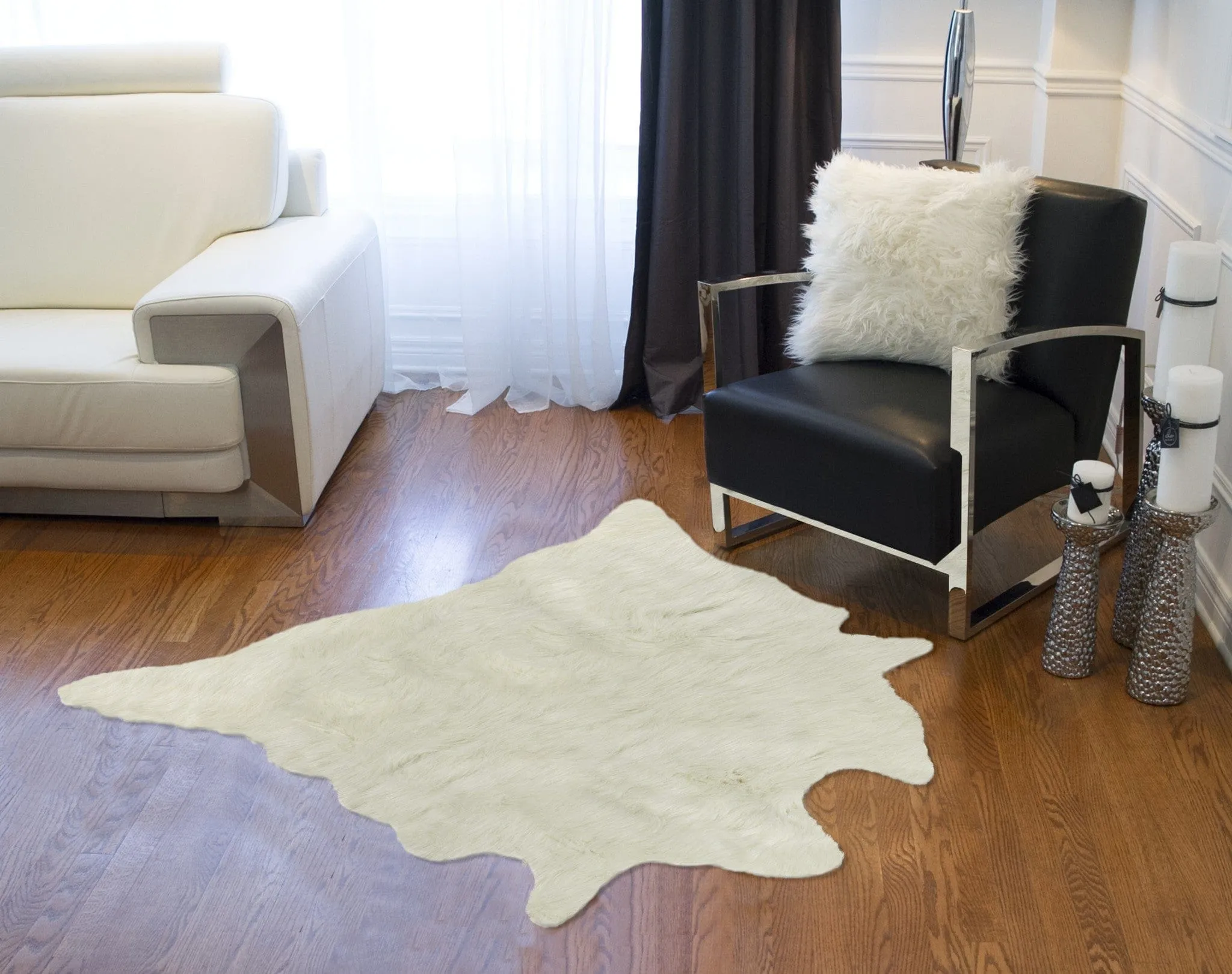 Off-White Faux Cowhide Rug sectional couch, U-shape sofa