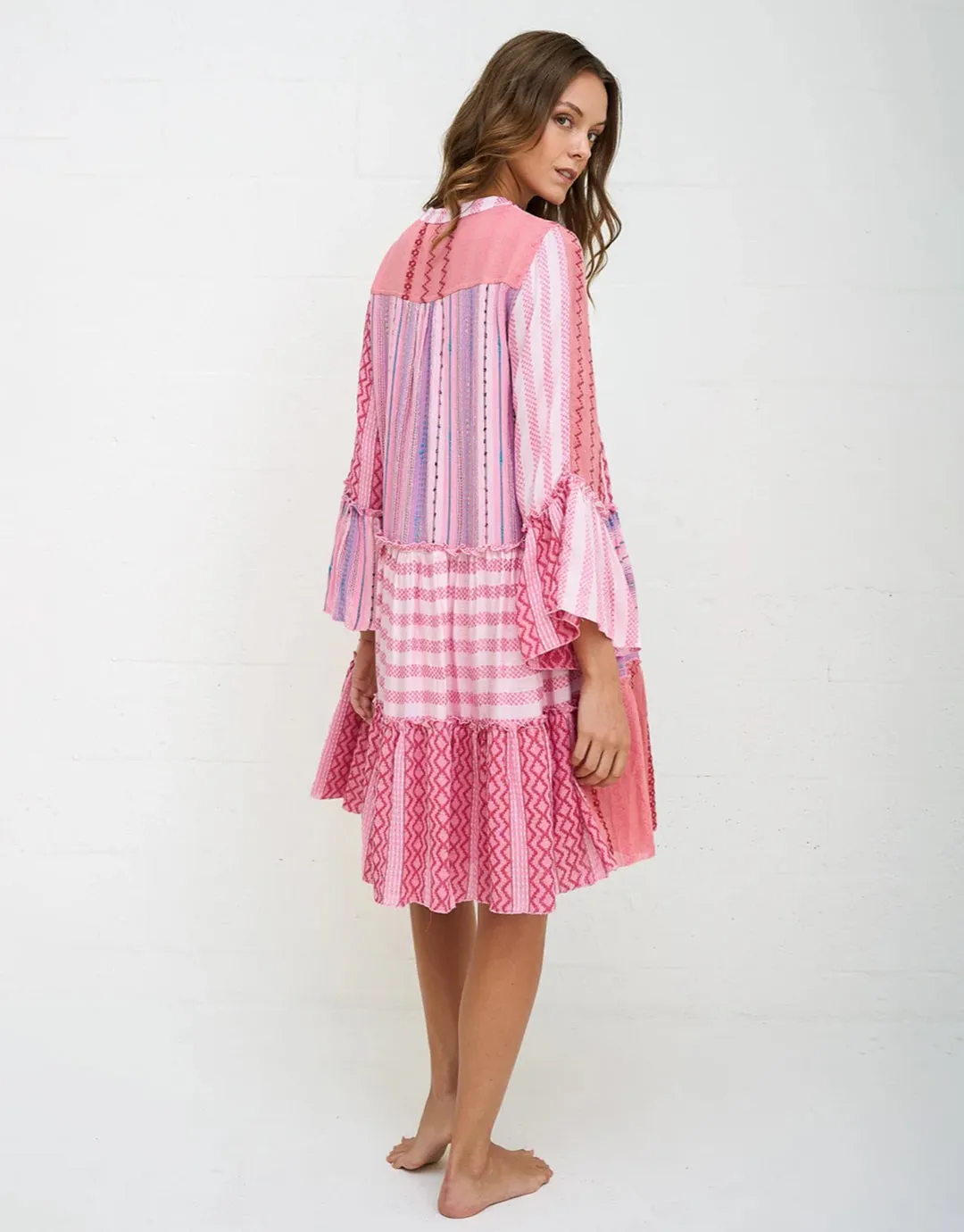 Patchwork Mini Boho Dress - Pink
