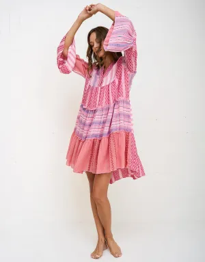 Patchwork Mini Boho Dress - Pink