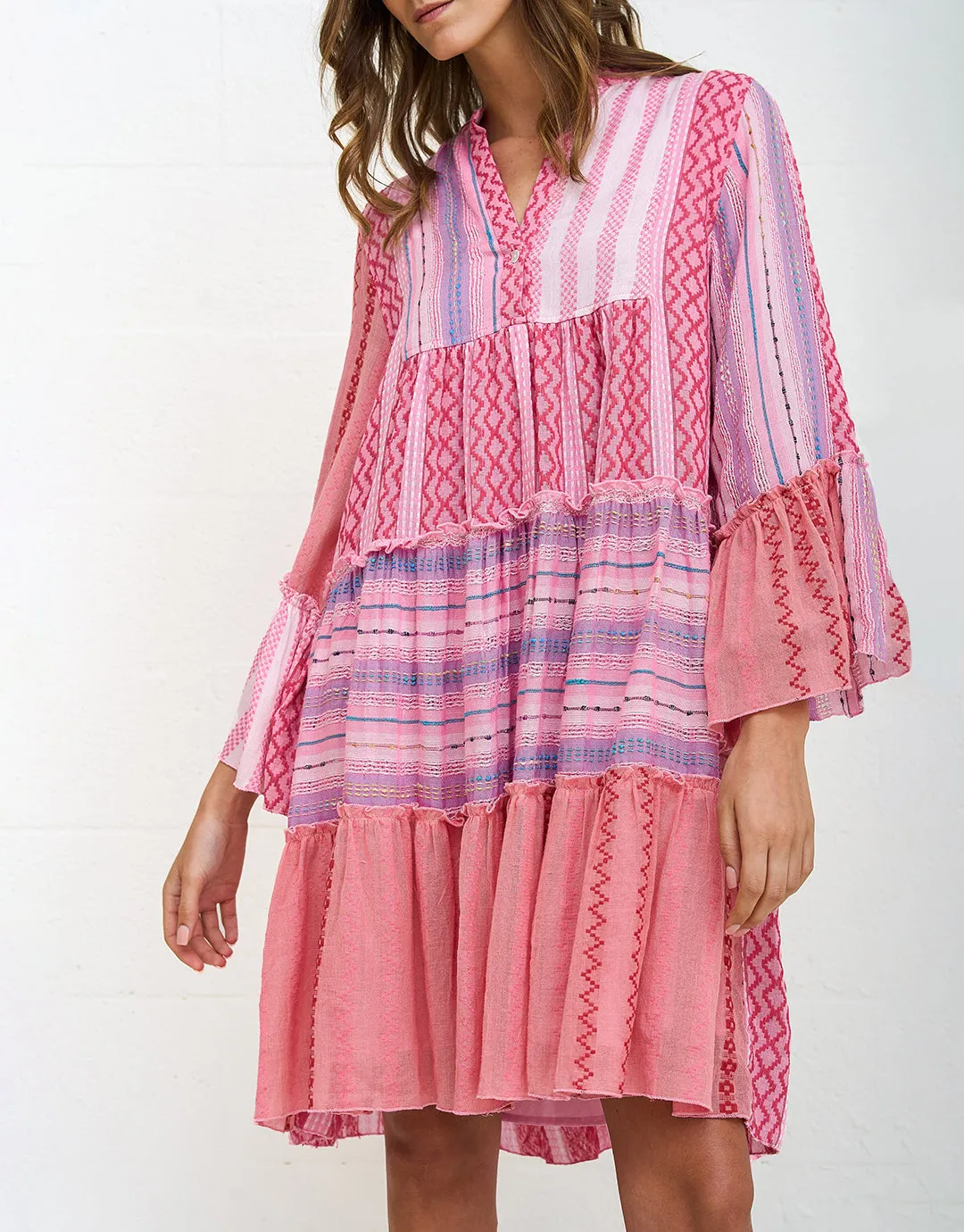 Patchwork Mini Boho Dress - Pink