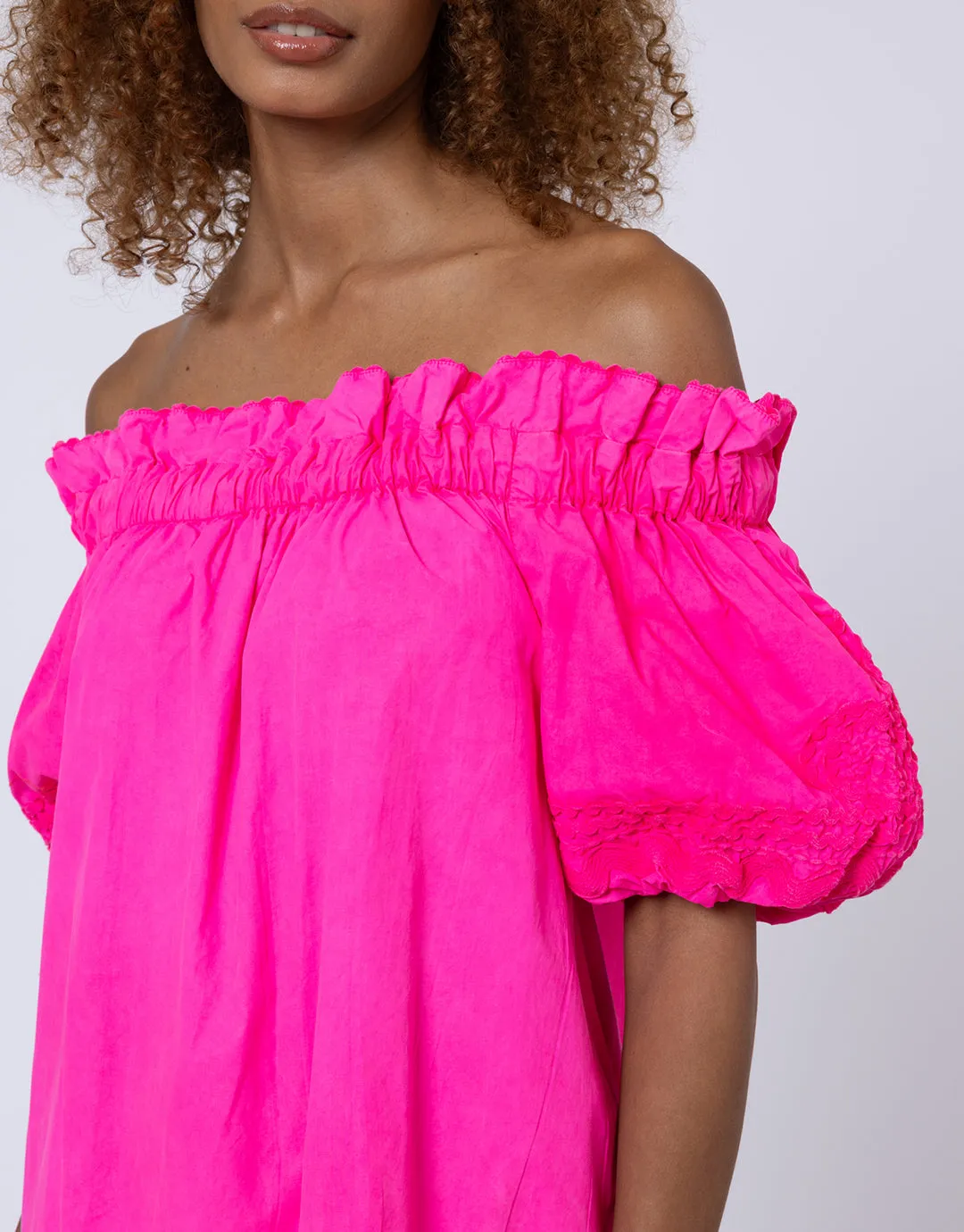 Poplin Off Shoulder Mini Dress with Ric-Rac - Indian Pink