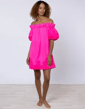 Poplin Off Shoulder Mini Dress with Ric-Rac - Indian Pink