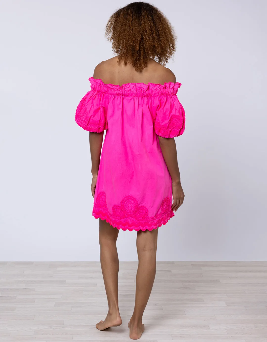 Poplin Off Shoulder Mini Dress with Ric-Rac - Indian Pink