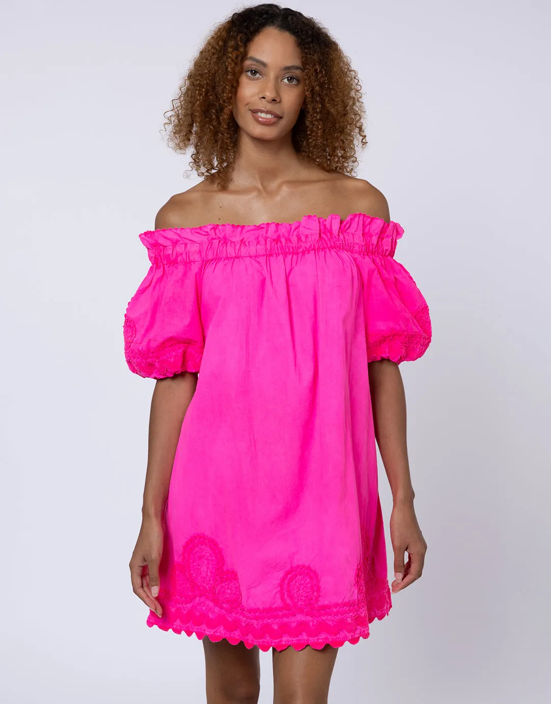 Poplin Off Shoulder Mini Dress with Ric-Rac - Indian Pink