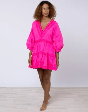 Poplin V-Neck Tiered Mini Dress with Ric-Rac - Indian Pink