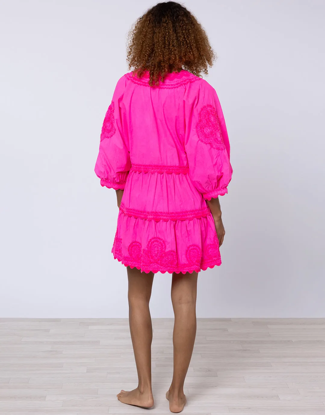 Poplin V-Neck Tiered Mini Dress with Ric-Rac - Indian Pink