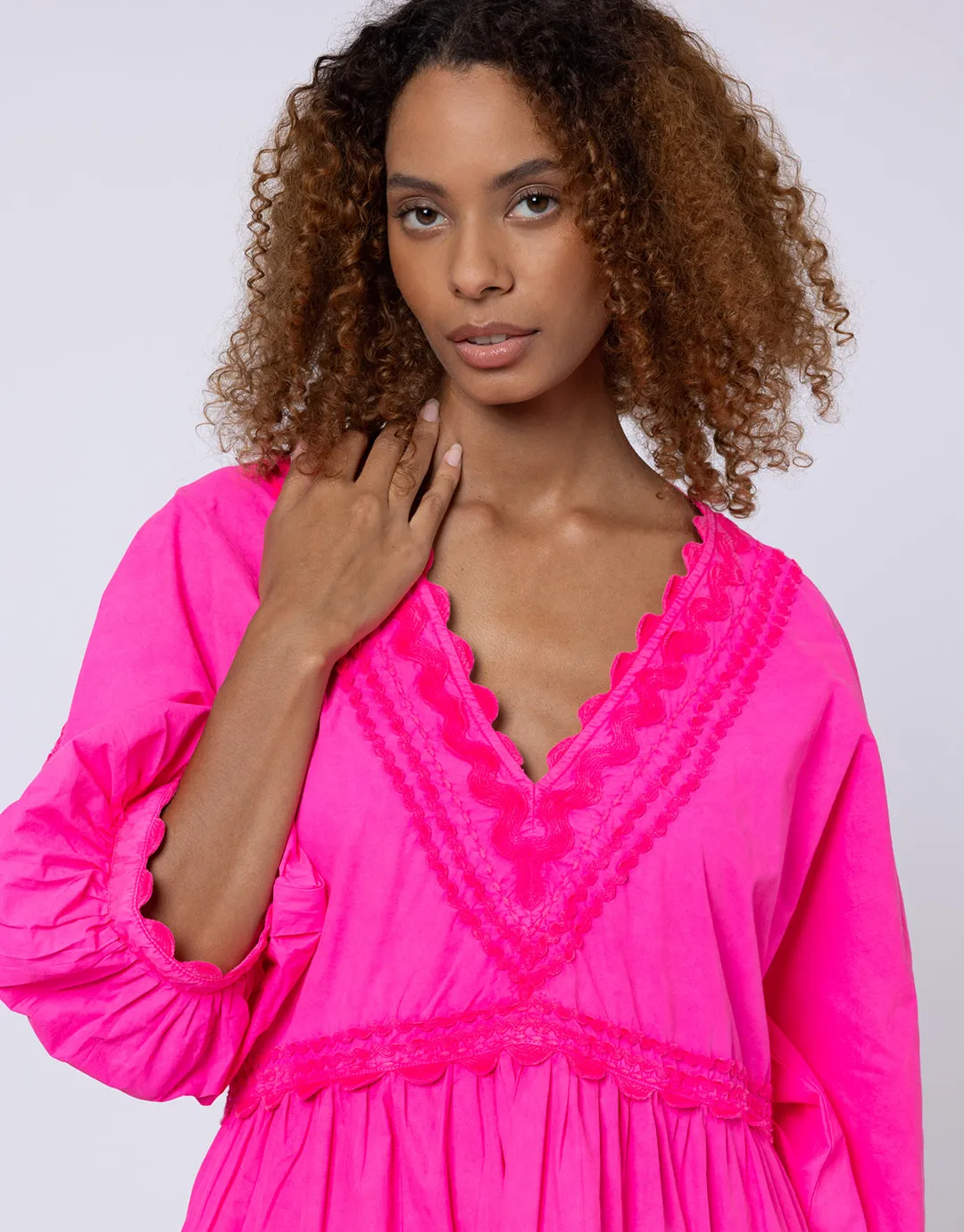 Poplin V-Neck Tiered Mini Dress with Ric-Rac - Indian Pink