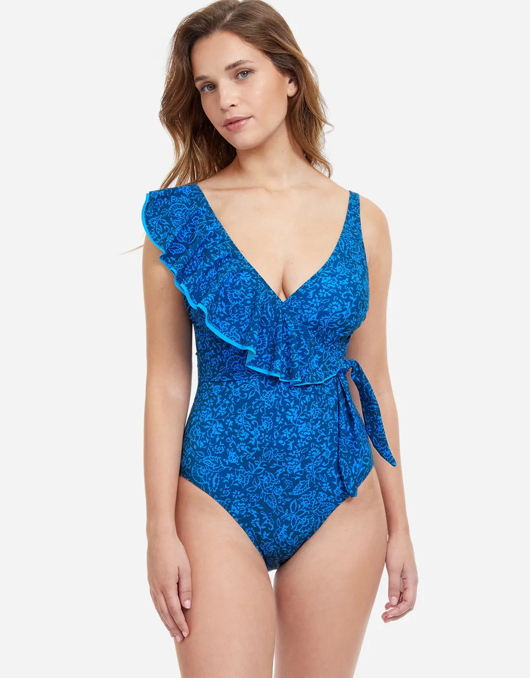 Profile Mehndi Ruffle Surplice Swimsuit - Blue