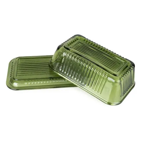 Ridged Glass Butter Dish with Lid - Green