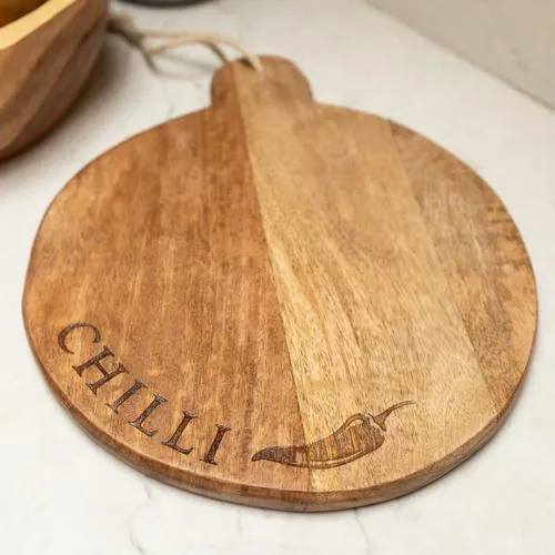 Round Mango Wood Chopping Board with Chilli Enamel kitchen essentials, utensils set