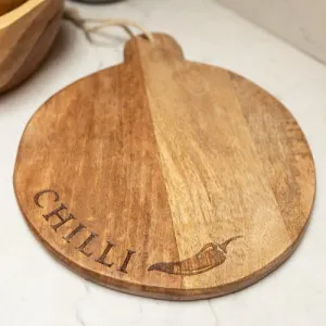 Round Mango Wood Chopping Board with Chilli Enamel kitchen essentials, utensils set