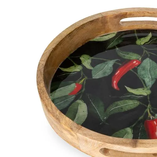 Round Mango Wood Tray with Chilli Enamel - 30cm