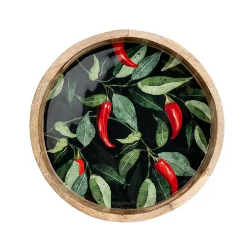 Round Mango Wood Tray with Chilli Enamel - 30cm