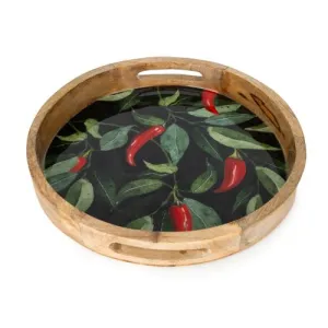 Round Mango Wood Tray with Chilli Enamel - 30cm kitchen essentials, utensils set