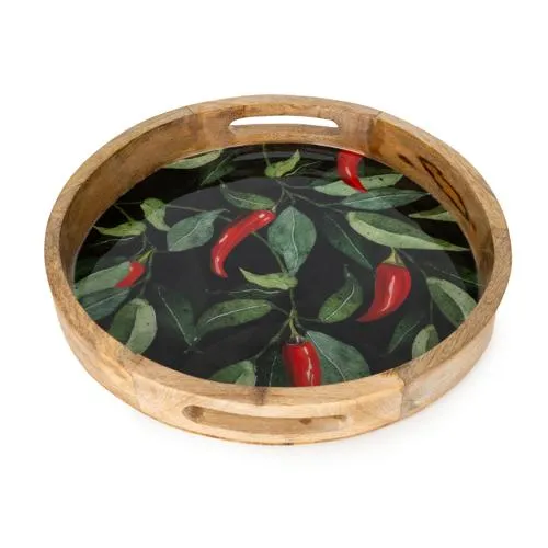 Round Mango Wood Tray with Chilli Enamel - 30cm kitchen essentials, utensils set