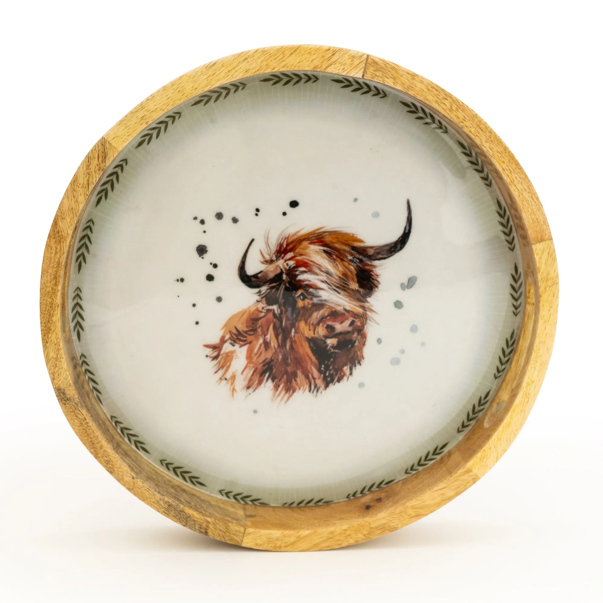 Round Mango Wood Tray with Luxe Highland Cow Enamel Design