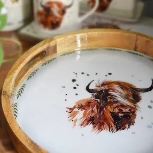 Round Mango Wood Tray with Luxe Highland Cow Enamel Design kitchen essentials, utensils set