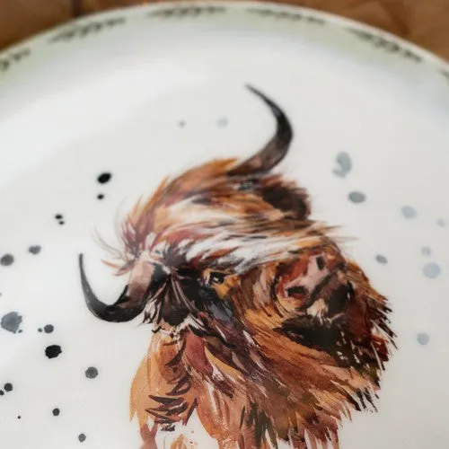 Round Mango Wood Tray with Luxe Highland Cow Enamel Design