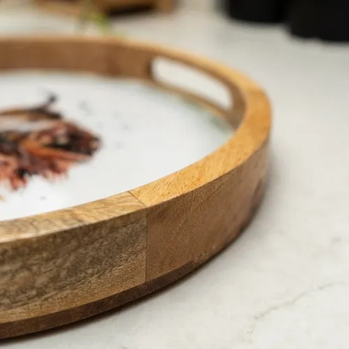 Round Mango Wood Tray with Luxe Highland Cow Enamel Design