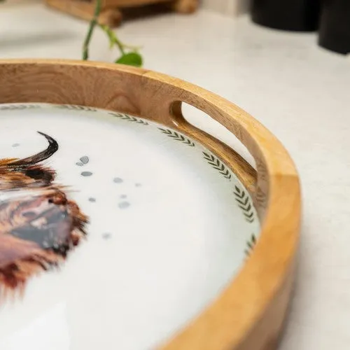 Round Mango Wood Tray with Luxe Highland Cow Enamel Design
