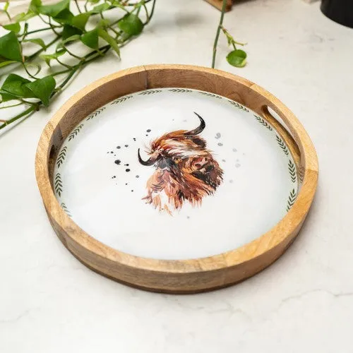 Round Mango Wood Tray with Luxe Highland Cow Enamel Design