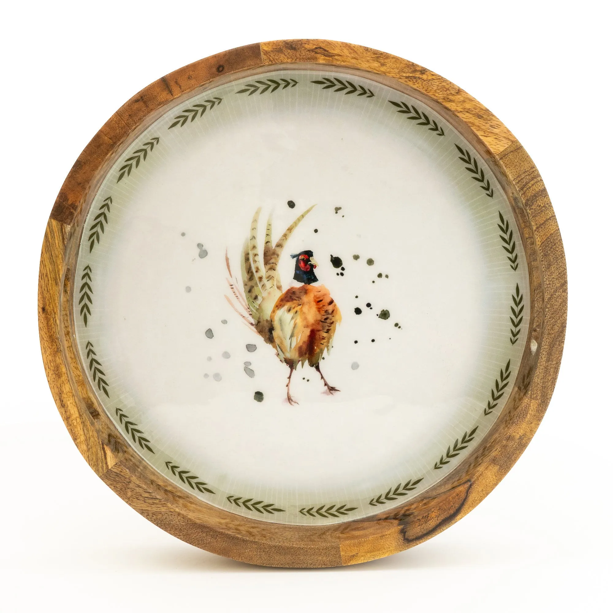 Round Mango Wood Tray with Luxe Pheasant Enamel Design