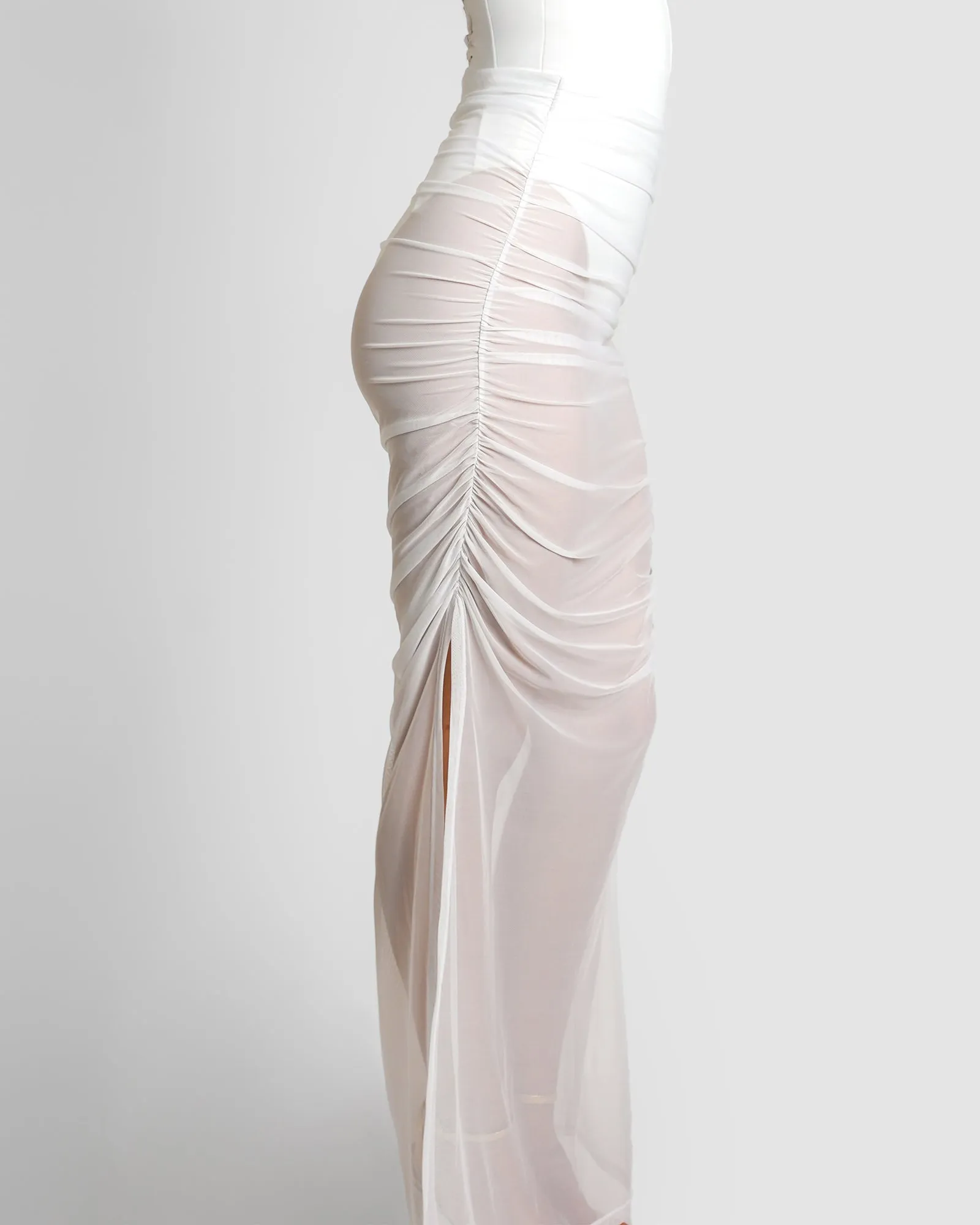 Ruched Sheer Midi Skirty - White
