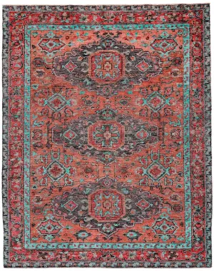 Rust and Aqua Piraj Area Rug sectional couch, U-shape sofa