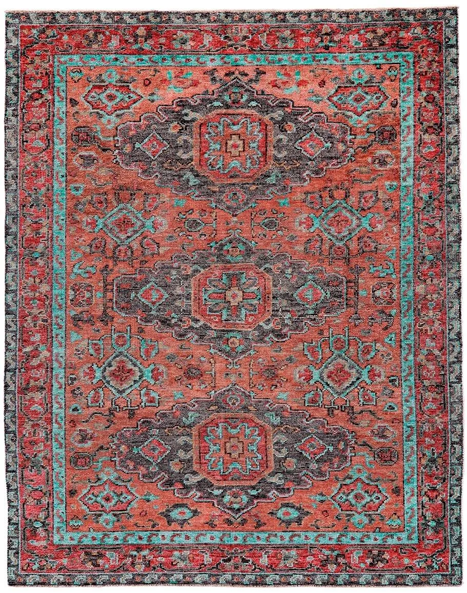 Rust and Aqua Piraj Area Rug sectional couch, U-shape sofa