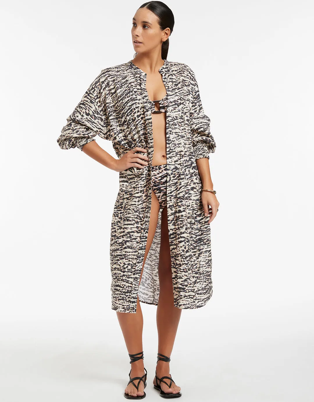 Sahara Shirred Cuff Shirtdress - Animal