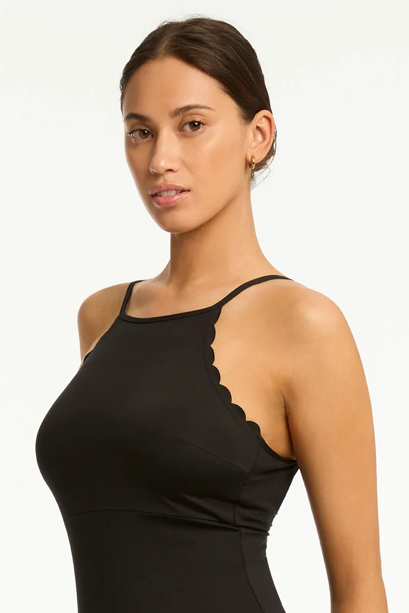 Scalloped Cross Back High Neck 1Pce
