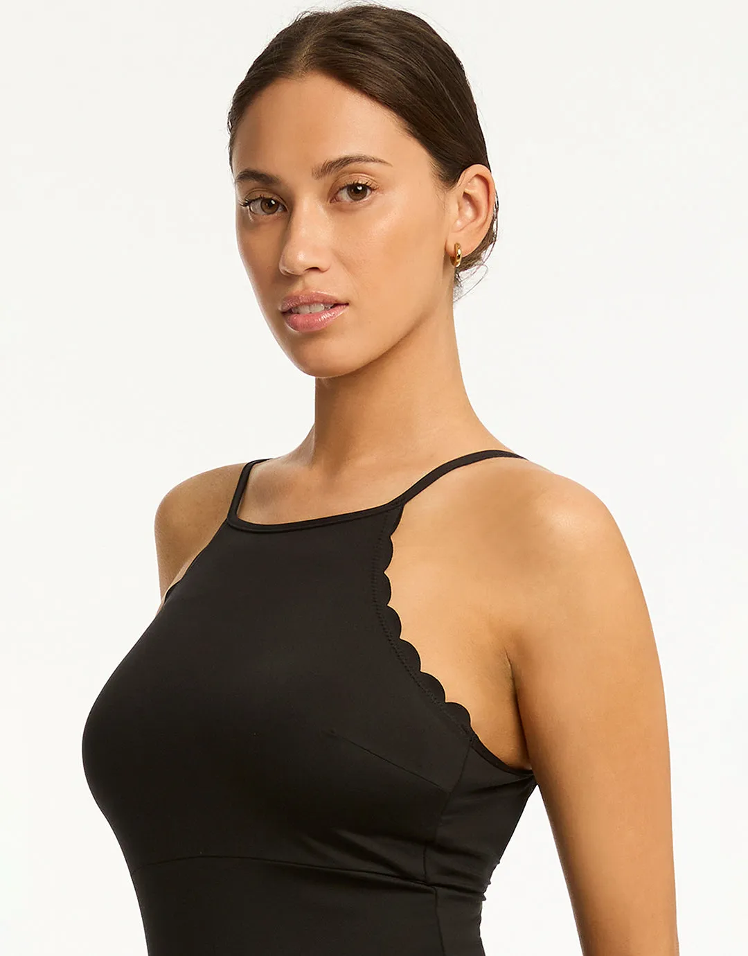 Scalloped Cross Back High Neck Swimsuit - Black