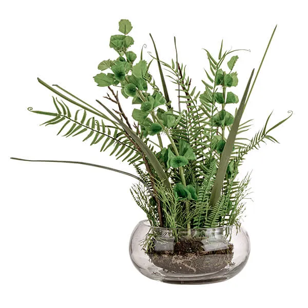 Serene Green Lifelike Plant Arrangement in Clear Glass Fishbowl