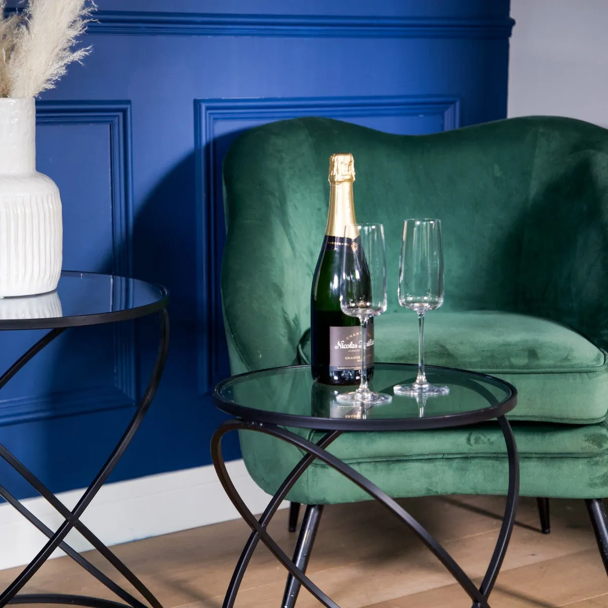 Set of 2 Black Criss Cross Tables  with Glass Top