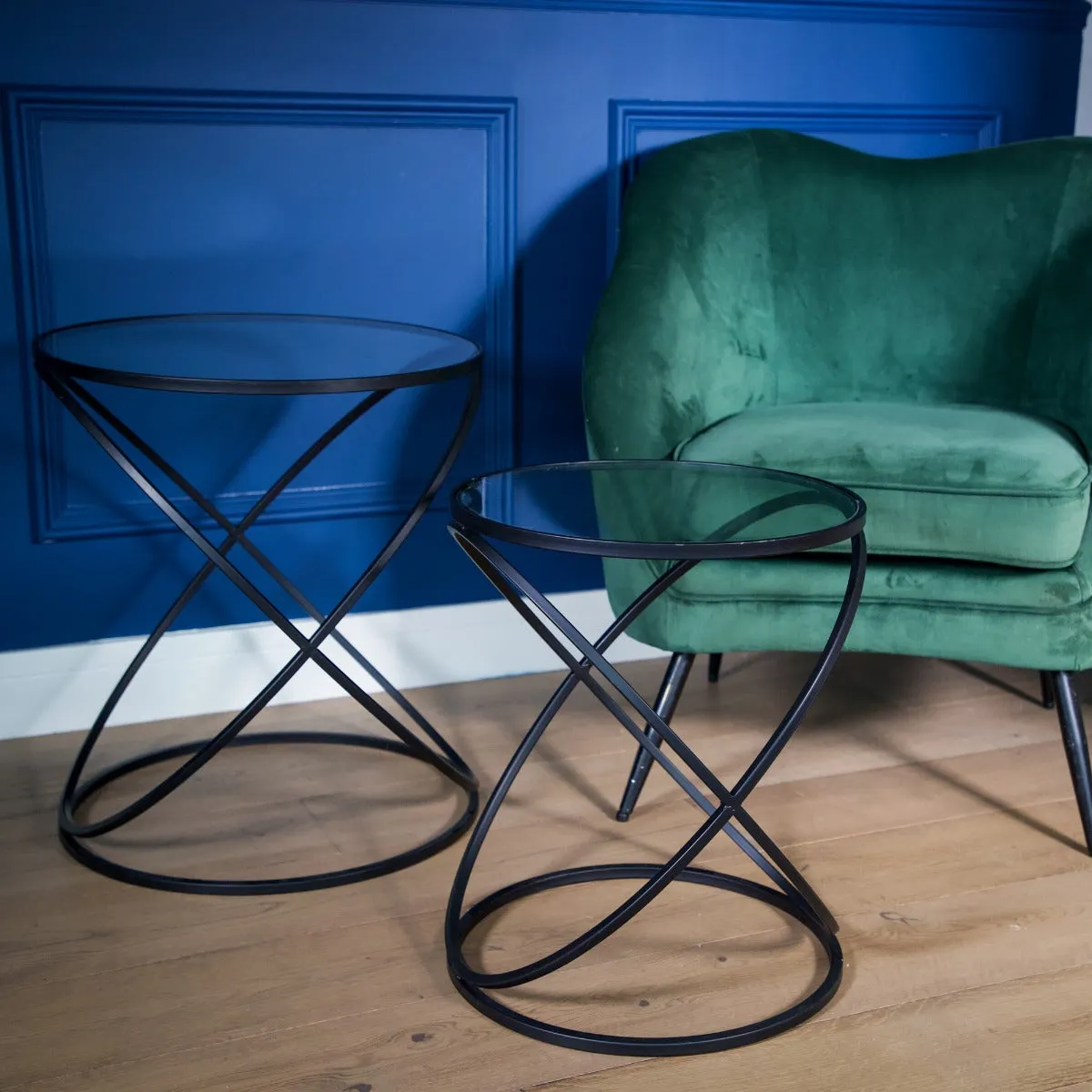 Set of 2 Black Criss Cross Tables  with Glass Top