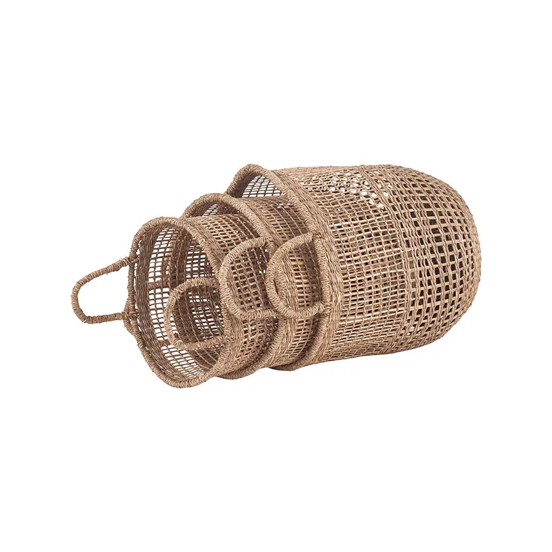 Set of 3 Open Weave Seagrass Round Baskets , Grey