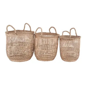 Set of 3 Open Weave Seagrass Round Baskets , Grey home accents, decorative items