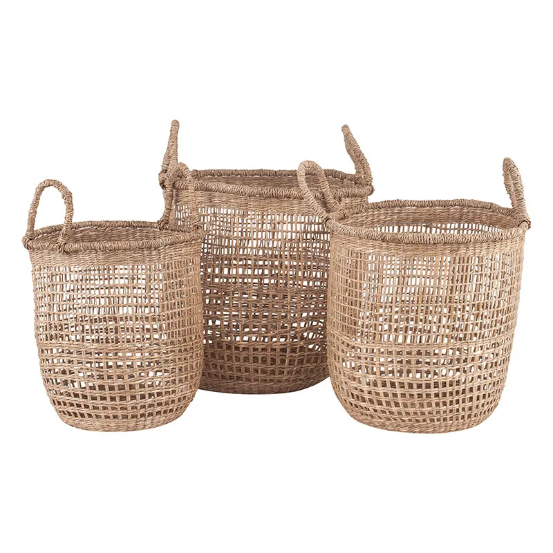 Set of 3 Open Weave Seagrass Round Baskets , Grey