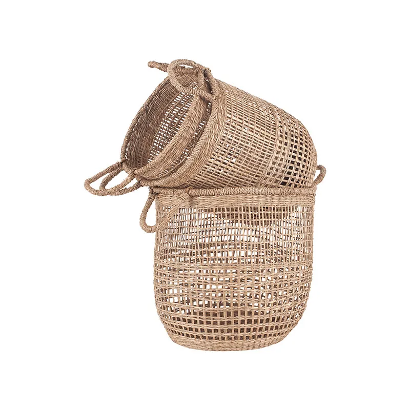 Set of 3 Open Weave Seagrass Round Baskets , Grey